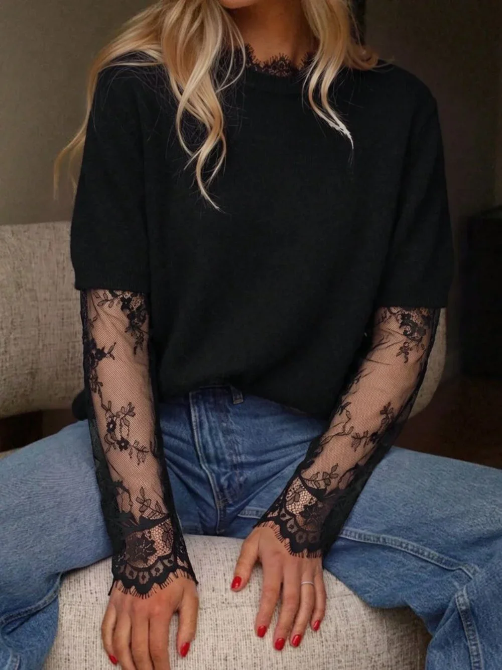 Black Casual Women's Lace detailed Drop Shoulder Round Neck Sweater